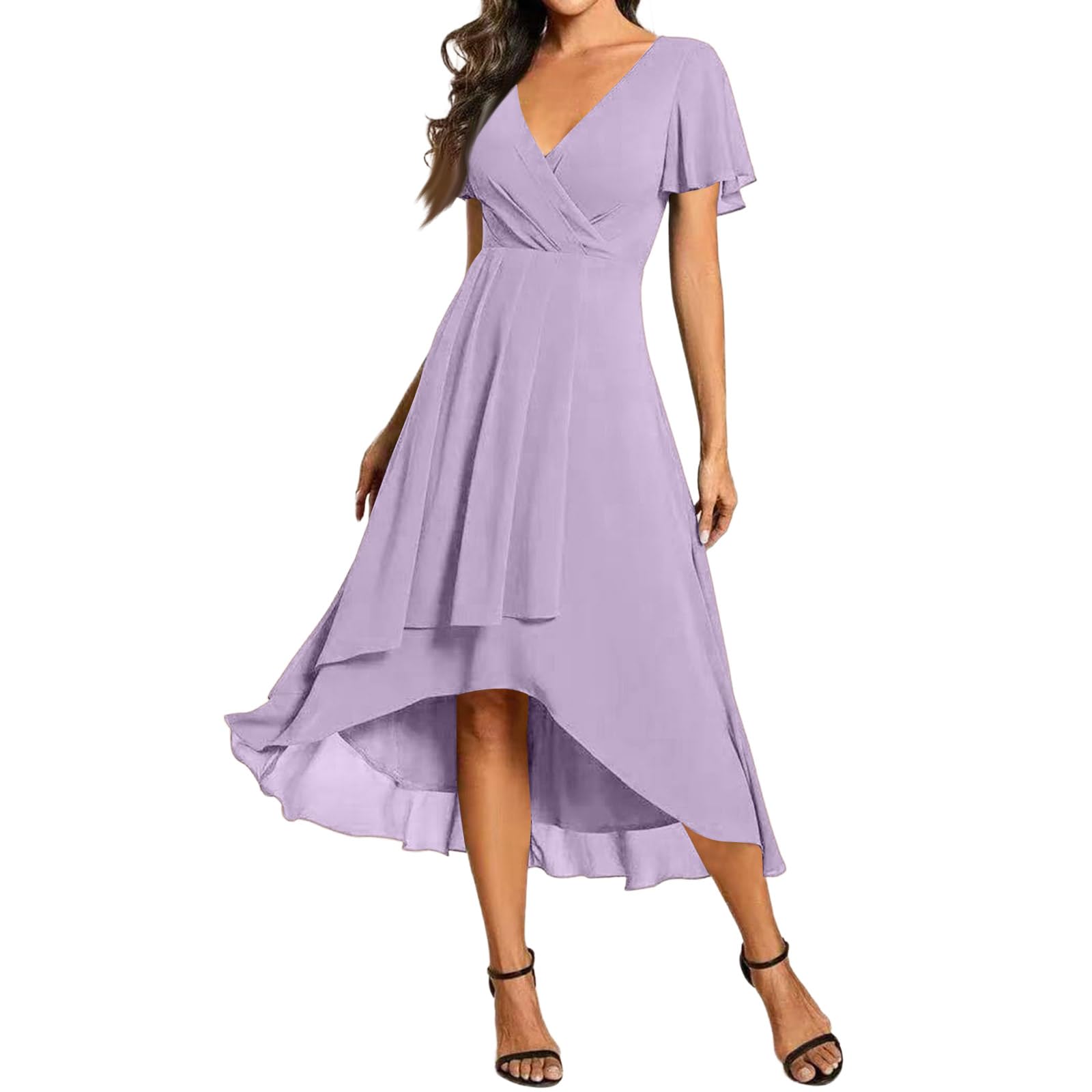 Robe Femme Chic et Elégante pour Mariage - Robes de Cérémonie High-Low en Mousseline à Manches Papillon - Robe de Soirée Coupe Trapèze Fluide Col V Couleur Unie