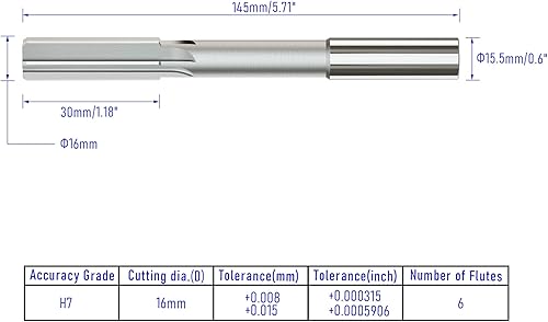 Vista 17 de Escariador de chucking de 0.67 pulgadas, H7 HSS cobalto M35 máquina escariadora métrica, 6 flautas rectas, herramienta de corte de fresado
