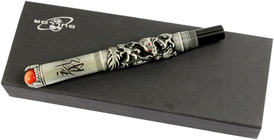 Gullor JinHao Antique Silver Dragon Style 3D Carved Fountain Pen With Red Pearl, Medium Nib, Black