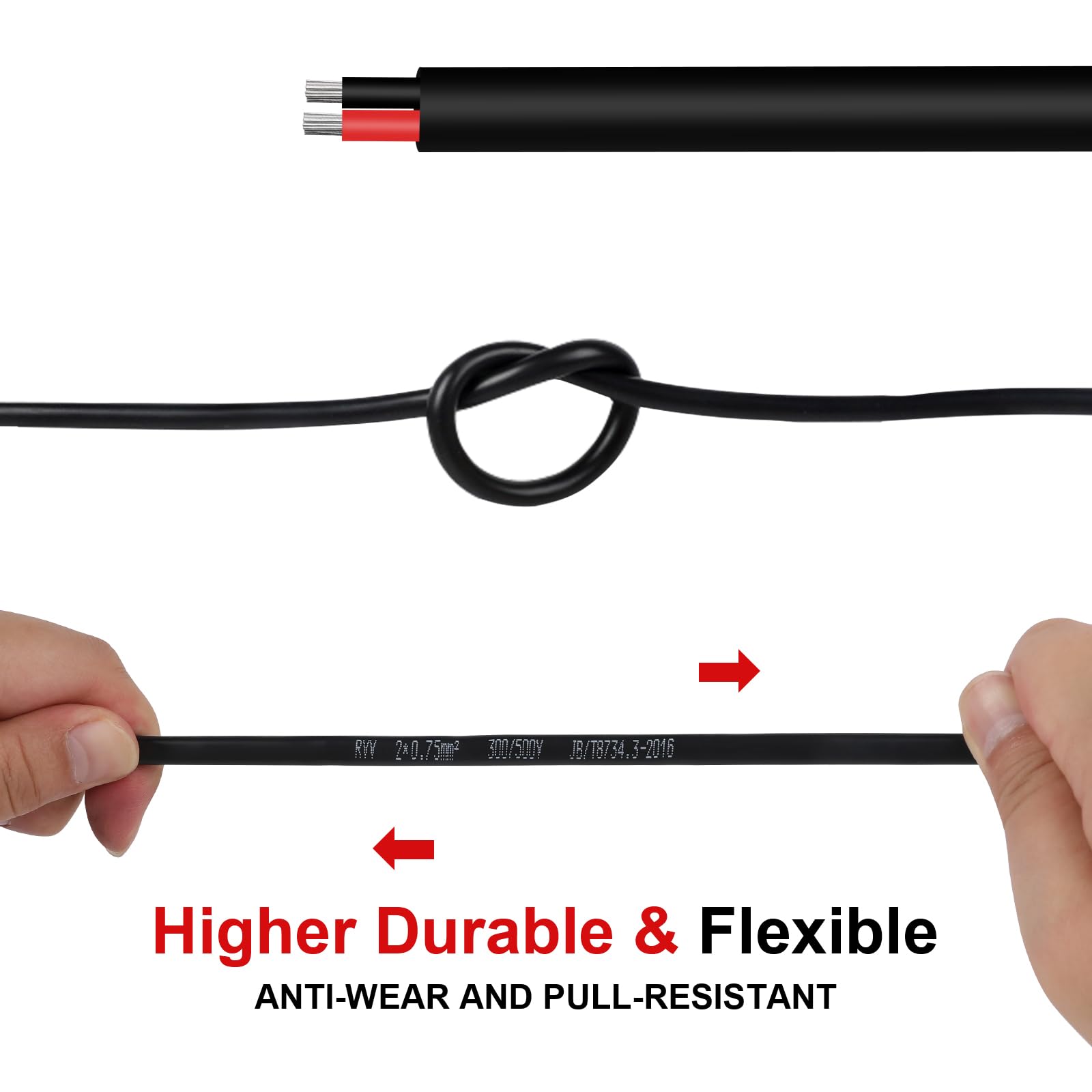 AOHEWEI 50 Meter 17AWG 2 adriges Kabel, 2x1,0 mm² Flexibles verseilte verzinnte Kupferkabel, 5V/12V/24V/300V Niederspannungs-Elektrokabel für LED-Lichtleisten, Automobil, Außenbereich und Heimwerker