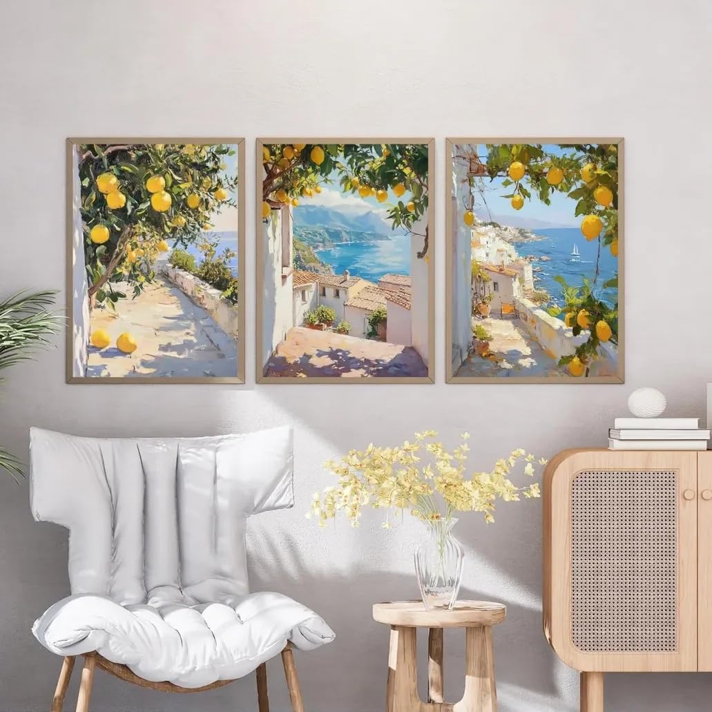 LTjiajuypd Coast with Lemons Poster Italy Mediterranean Cityscape Wall Art Rustic Kitchen Prints Canvas Paintings for Room Decor(50x75cm-3Pcs)
