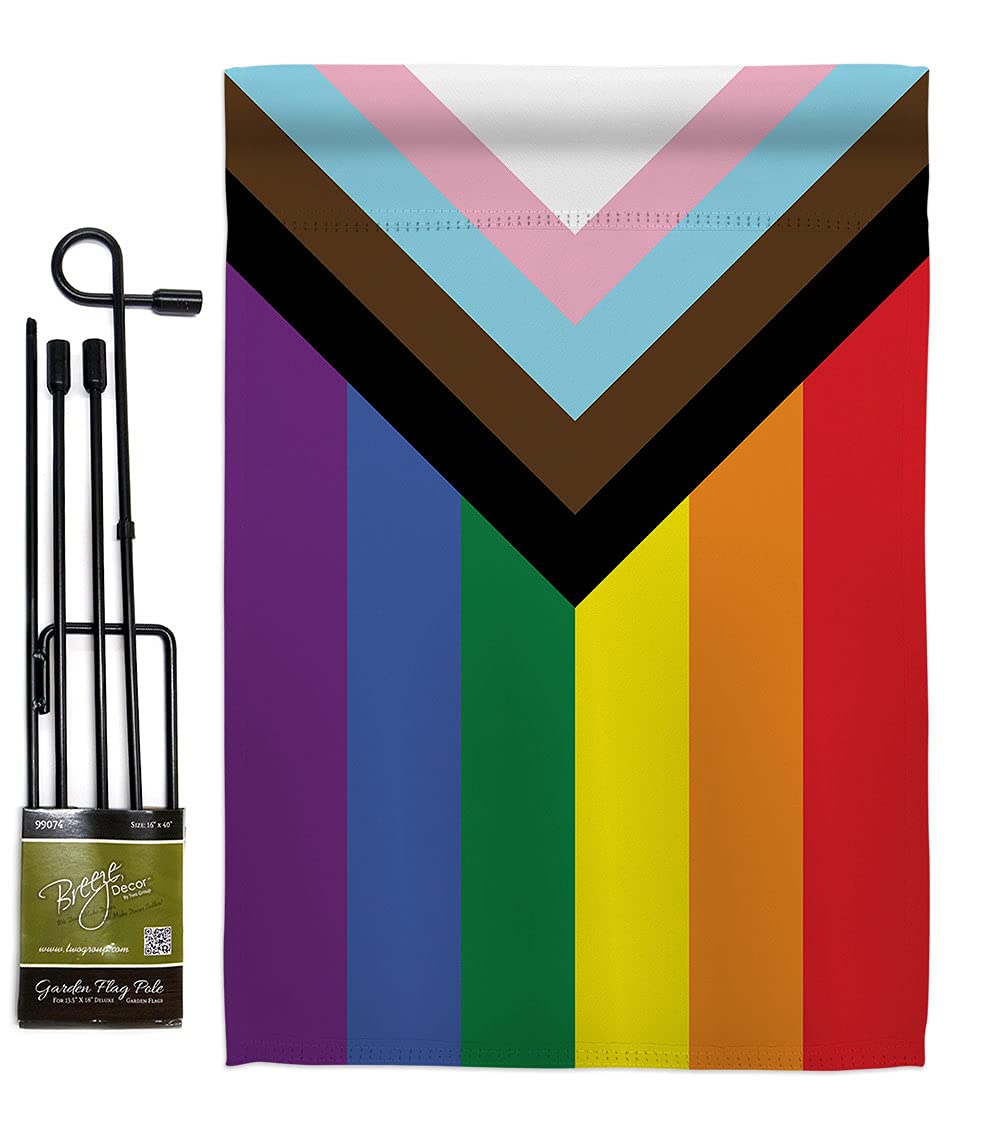 Progress Pride Garden Flag - Set with Stand Support Rainbow Love LGBT Gay Bisexual Pansexual Transgender - House Decoration Banner Small Yard Gift Double-Sided Made in USA 13 X 18.5