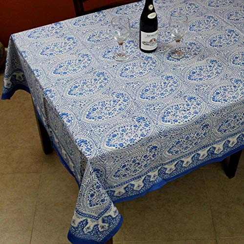 Homestead Cotton Hand Block Print Floral Paisley Tablecloth Rectangular, Blue White Fabric Tablecloth (Blue White, Rectangular 60 X 90 Inches) #TOP1