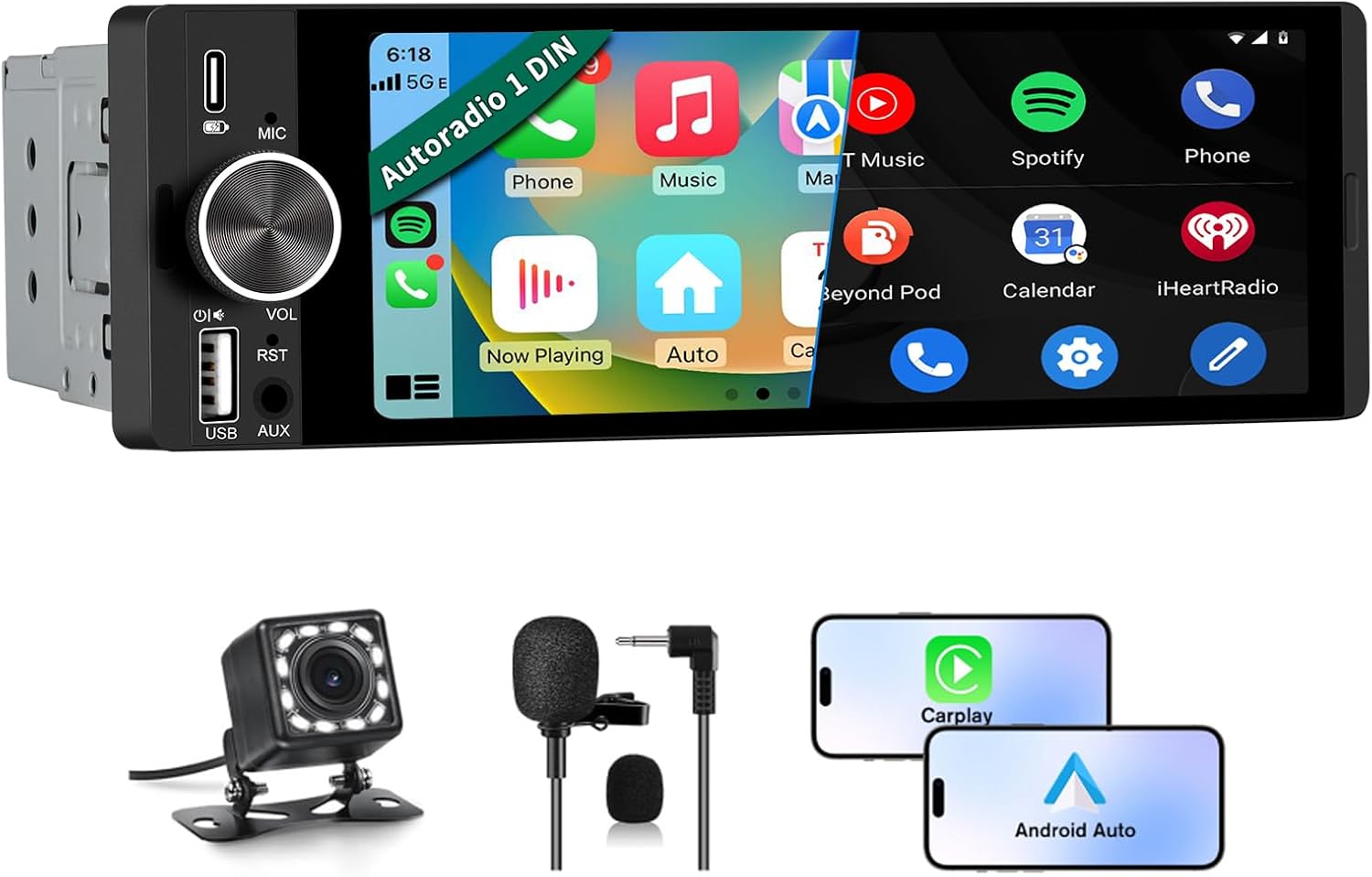 Front view of the Pyniro Single Din Car Stereo with its 6.36-inch touchscreen displaying CarPlay interface.