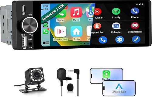 Estéreo de coche de un solo DIN, CarPlay de 6.36 pulgadas y radio con pantalla táctil IPS Android Auto con Bluetooth con cámara de respaldo,