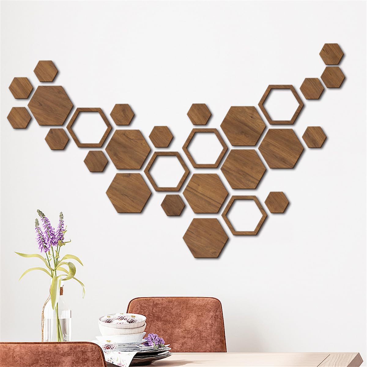 Wooden Hexagon Wall Art Decor, 27 PCS 3D Removable Hexagon Wall Stickers Honeycomb Decor - Image 4