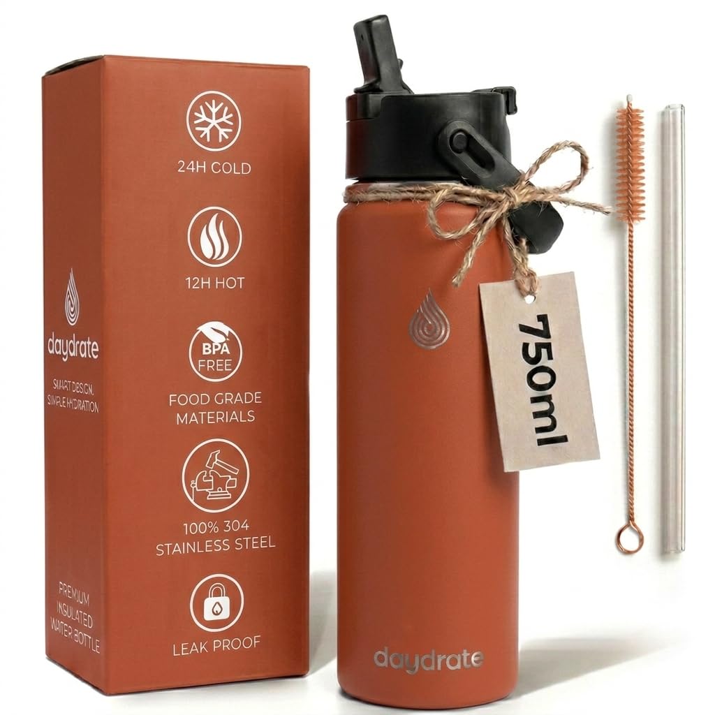daydrate Insulated Metal Water Bottle with Straw 750ml- Stainless Steel Water Bottle, BPA Free, Dual Lid Straw & Spout, Leakproof, 24 Hours Cold & Hot, Work, Travel, Gym Bottle for Men & Women-Orange