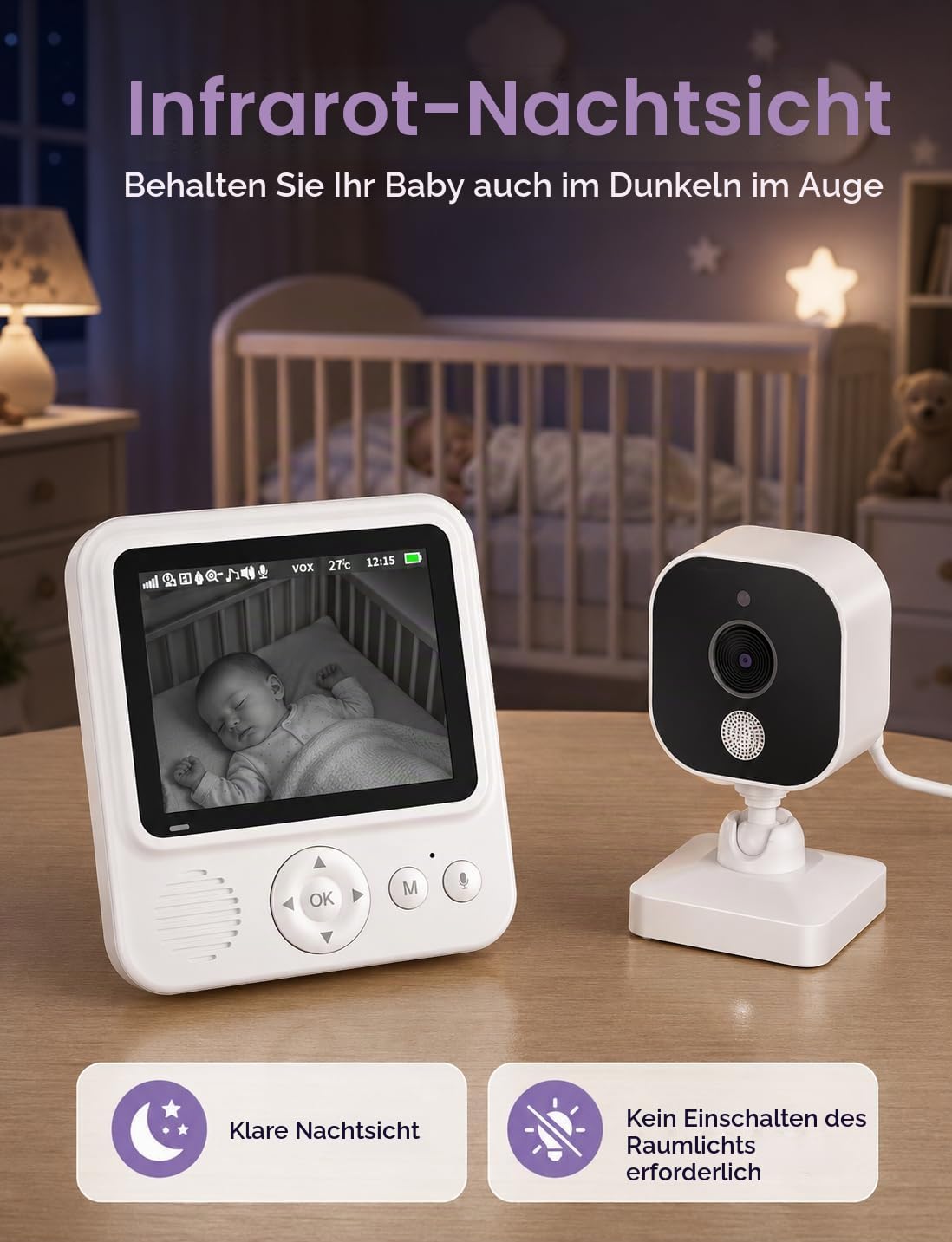 BURNNOVE Babyphone mit Kamera ohne WLAN, 2,8 Zoll IPS 720P, 96H VOX