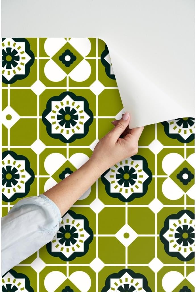 Spoonflower Peel & Stick Wallpaper 3ft x 2ft - Mid Century Modern Tiles Green Vintage Retro Geometric Custom Removable Wallpaper