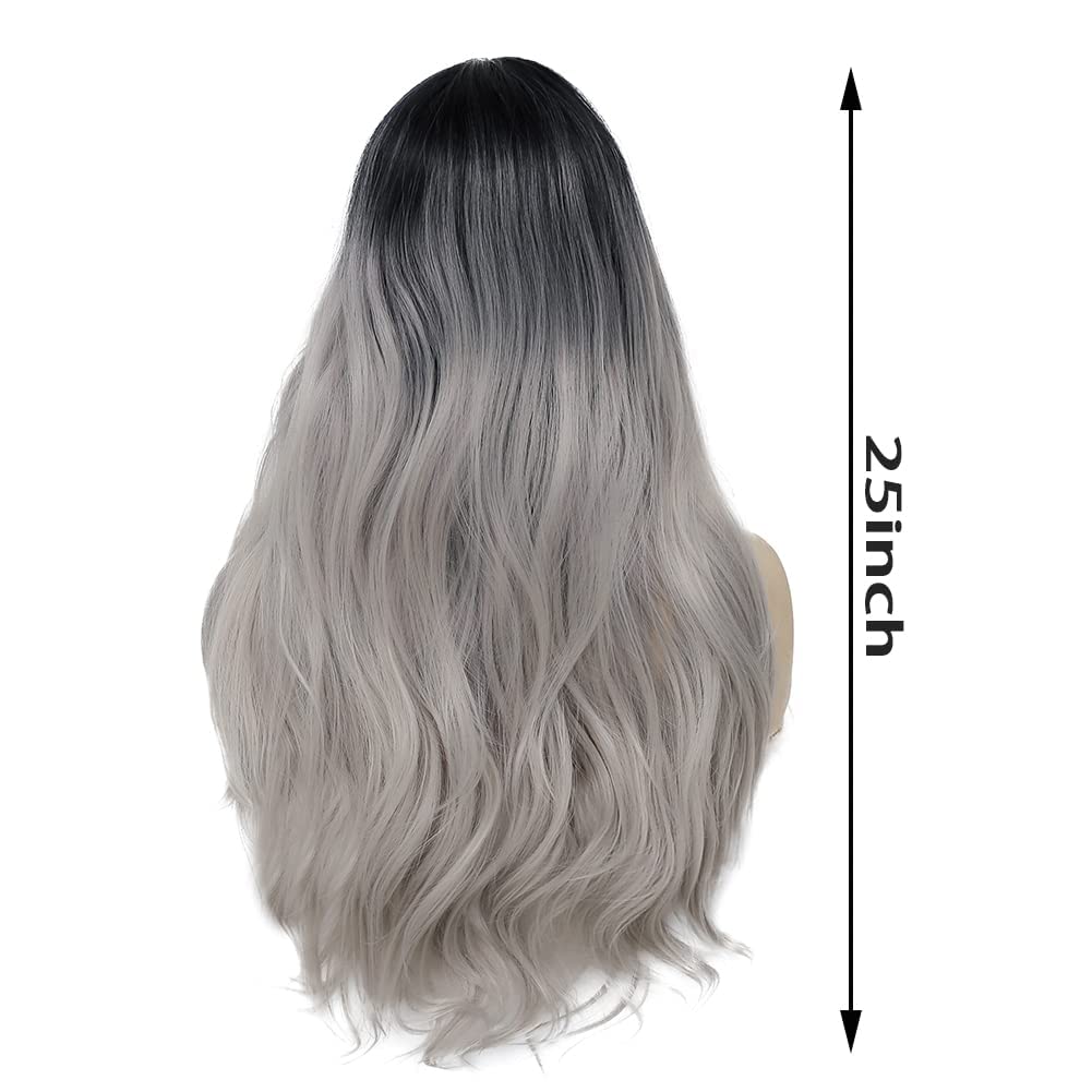 Curly Ombre Grey Wig for Women Long Wave Black Roots Synthetic Hair Natural Looking Cosplay Daily Party Costume Wig - Image 6