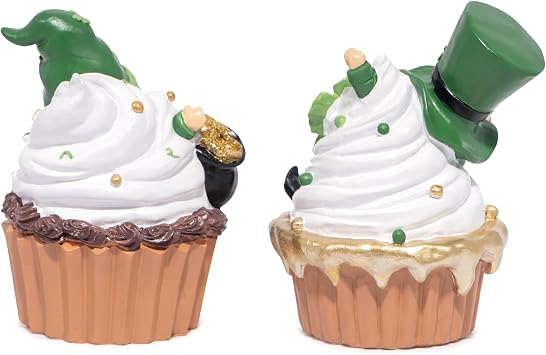 Hodao St. Patrick's Day Gnome Cupcake Figurines | Adorable Lucky & Blessed Decorations | Shamrock-Themed Home Decor | Perfect for Holiday Parties | Set of 2 Handcrafted Collectibles