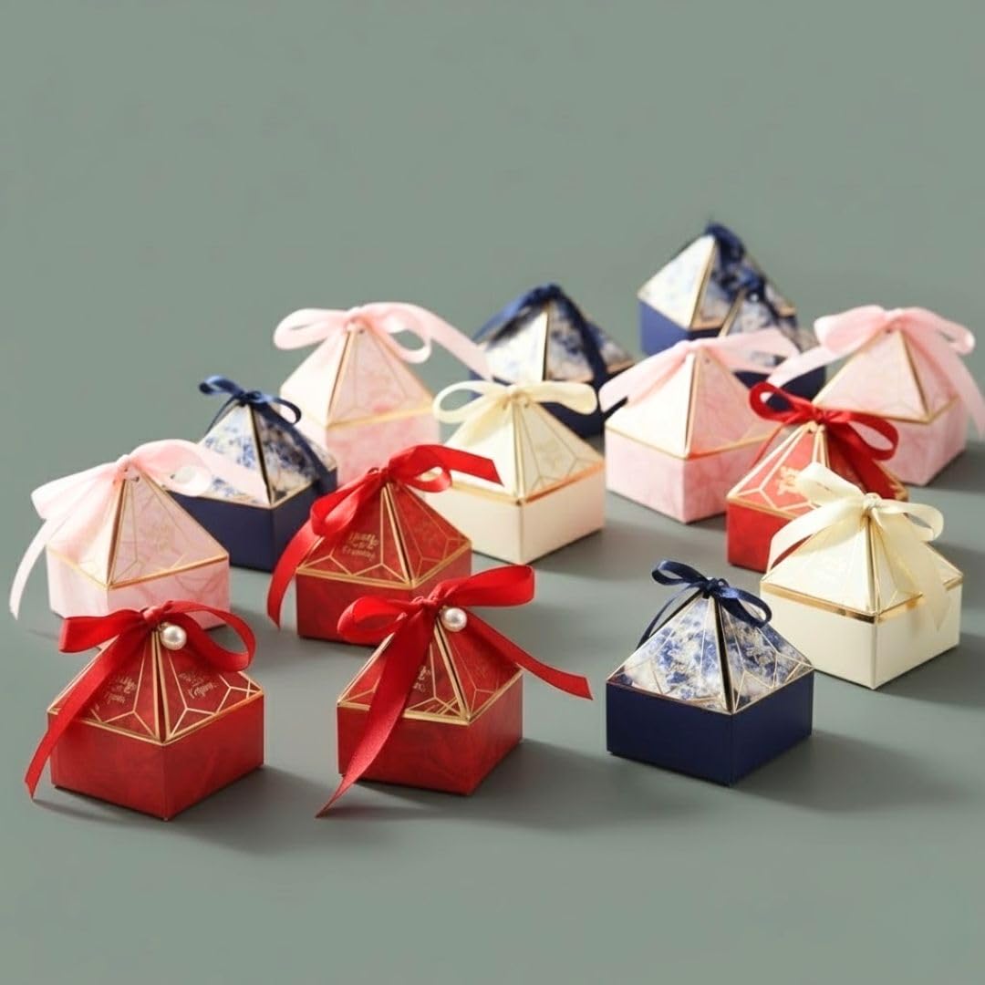 SATYAM KRAFT 40 Pcs Small Diamond Shape Paper Folding Gift Boxes with Ribbon | Premium Return Gift Boxes for Wedding, Birthday, Engagement, Baby Shower, Chocolate & Dry Fruit Packaging (Multicolour) 1