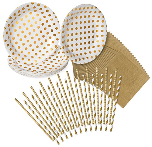 Gold Polka Dot, Chevron Pattern & Stripes Party Pack - 24 Paper Plates, 24 Napkins, 24 Paper Straws - by Haute Soiree