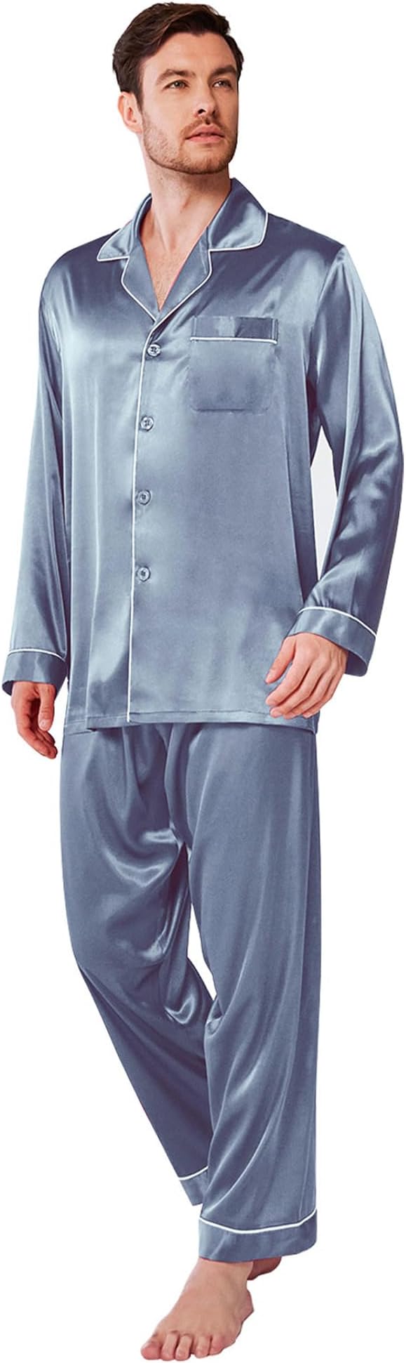 SIORO Mens Silk Satin Pajama Sets, Long Sleeve Button Down PJ Set with Pocket Sleepwear Loungewear M-XXL