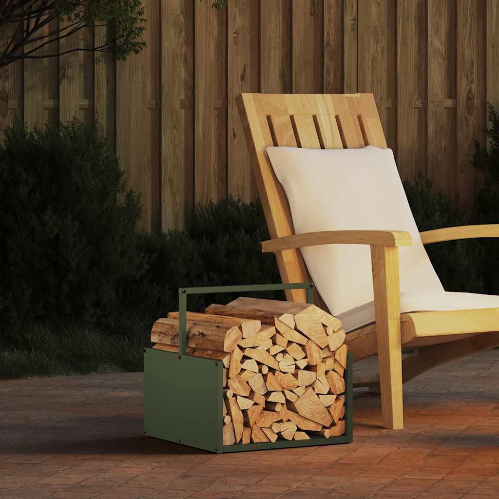 Brennholzregal Olivgrün aus kaltgewalztem Stahl, 40 x 40 x 40 cm, 100 kg Traglast, Kaminholz Halter für Wohnzimmer, Ofen, Terrasse und Garten, ordentliche Lagerung
