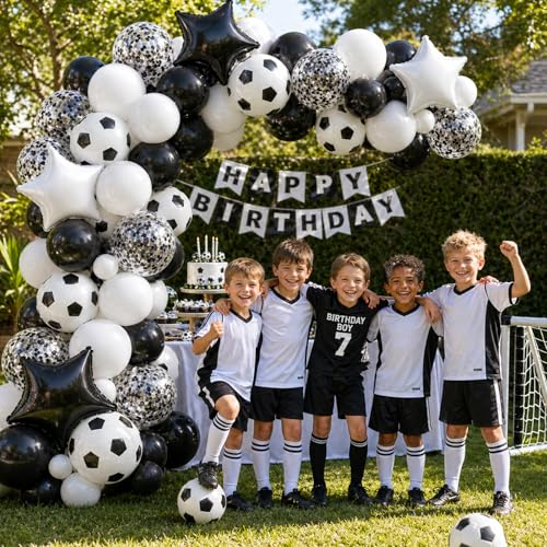 Image of Soccer Balloons, 12Inch Black White Soccer Printed Latex Balloons, 18 Inch Black and White Star Foil Balloon with Confetti Helium Balloon for Sport Football Theme Boy Men Birthday Party Decorations