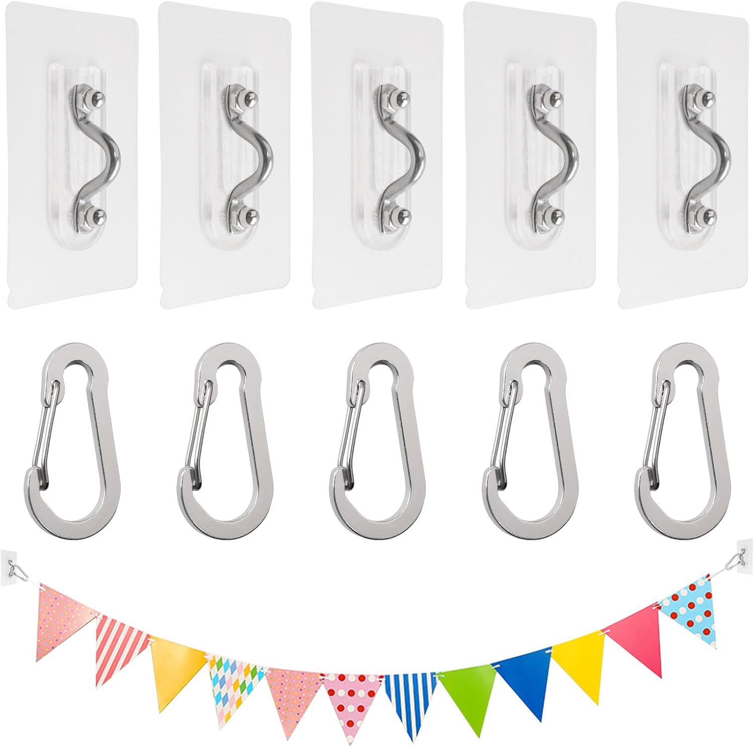 Self Adhesive Hooks, 5 Sets Nail-Free Adhesive Wall Hooks Adhesive Ceiling Hooks with Pad Eye Strap Plates & Carabiner Clips for Hanging Fairy Light, Wind Chimes, Pull Flag
