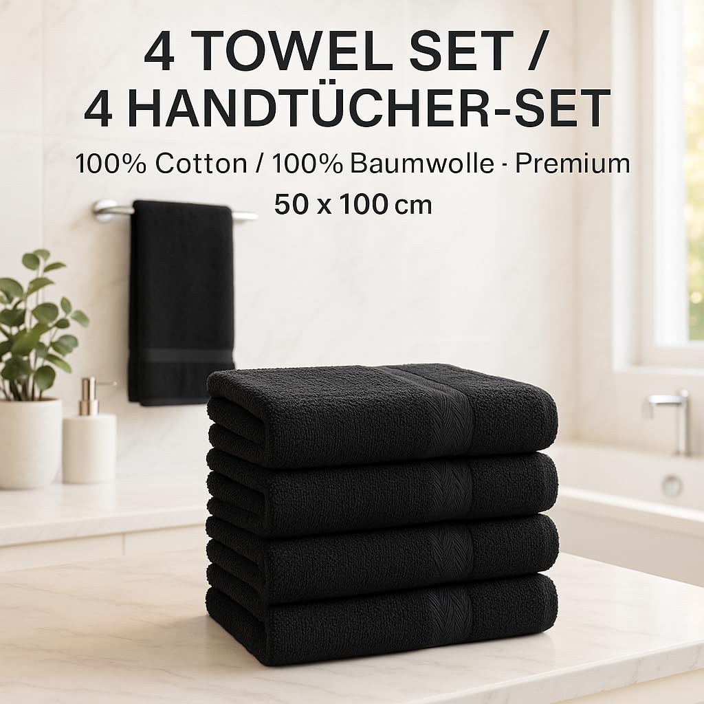 Betz 4 Toallas de Lavabo Premium tamaño 50x100 cm 100% algodón coloresa Negro