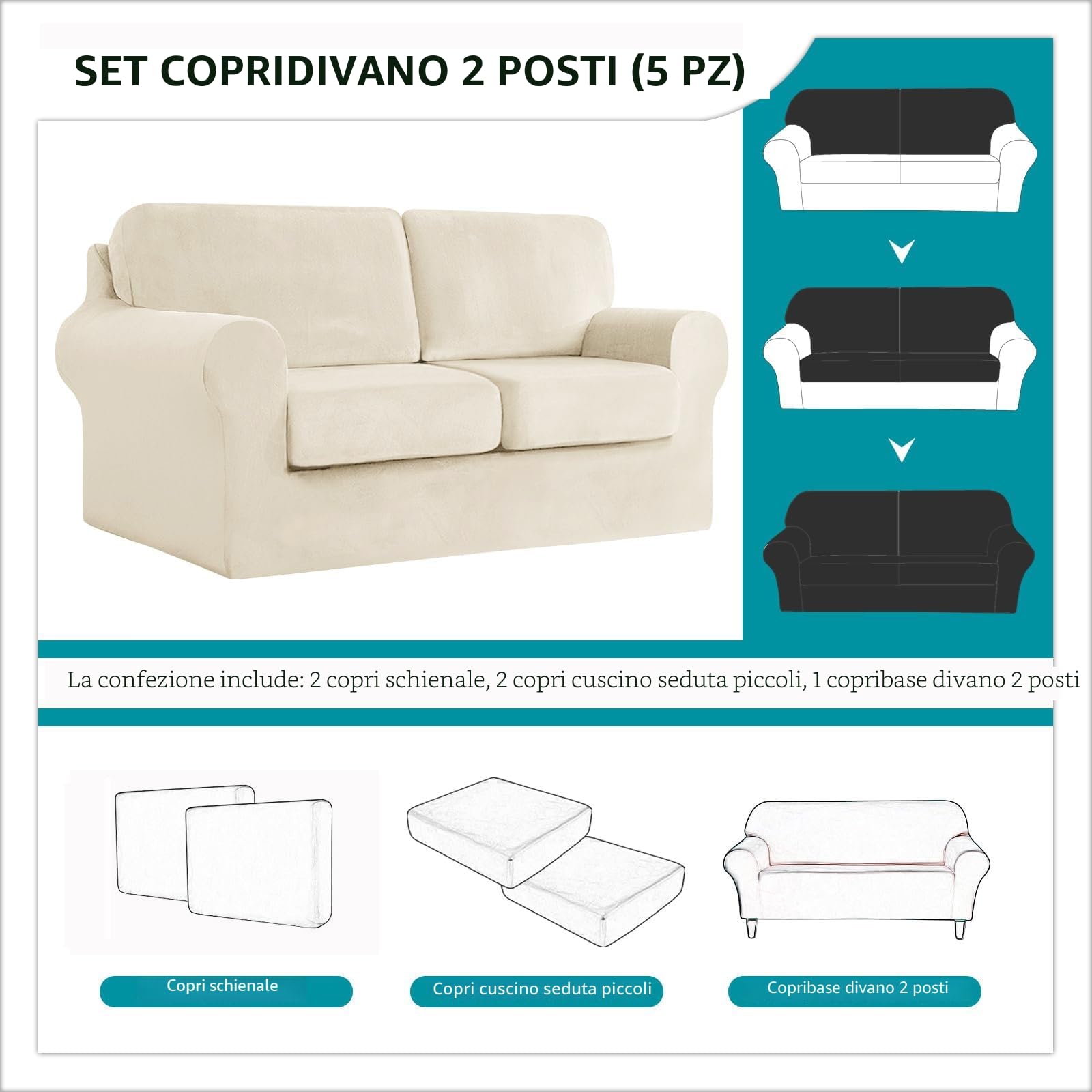 SYLC Ektorp Copridivani Con Cuscini E Schienale Separati, Velluto Elasticizzato Copridivano 1/2/3/4 Posti Con Braccioli, Copri Divano Antiscivolo (Beige,2 Seat Set 5 PCS)