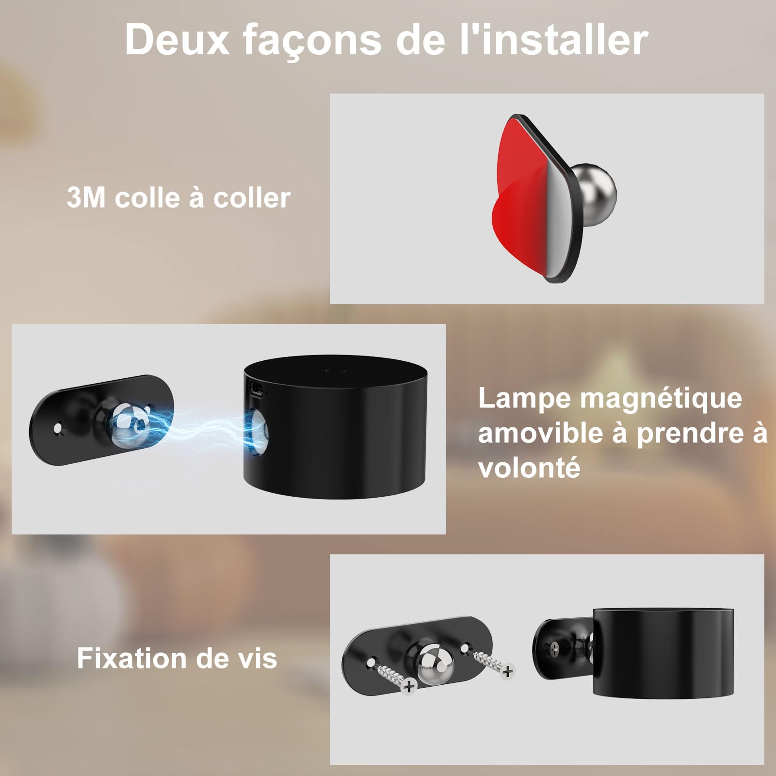 Applique Murale LED Touch avec Port USB, 3 Niveaux de Luminosité 3 Températures, Rotatif 360° Noir