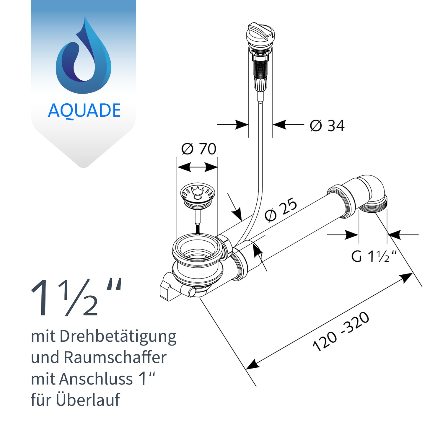 AQUADE Válvula para cesta de 70 mm con cable Bowden + organizador para fregadero | Fregadero de desagüe, sifón para cocina