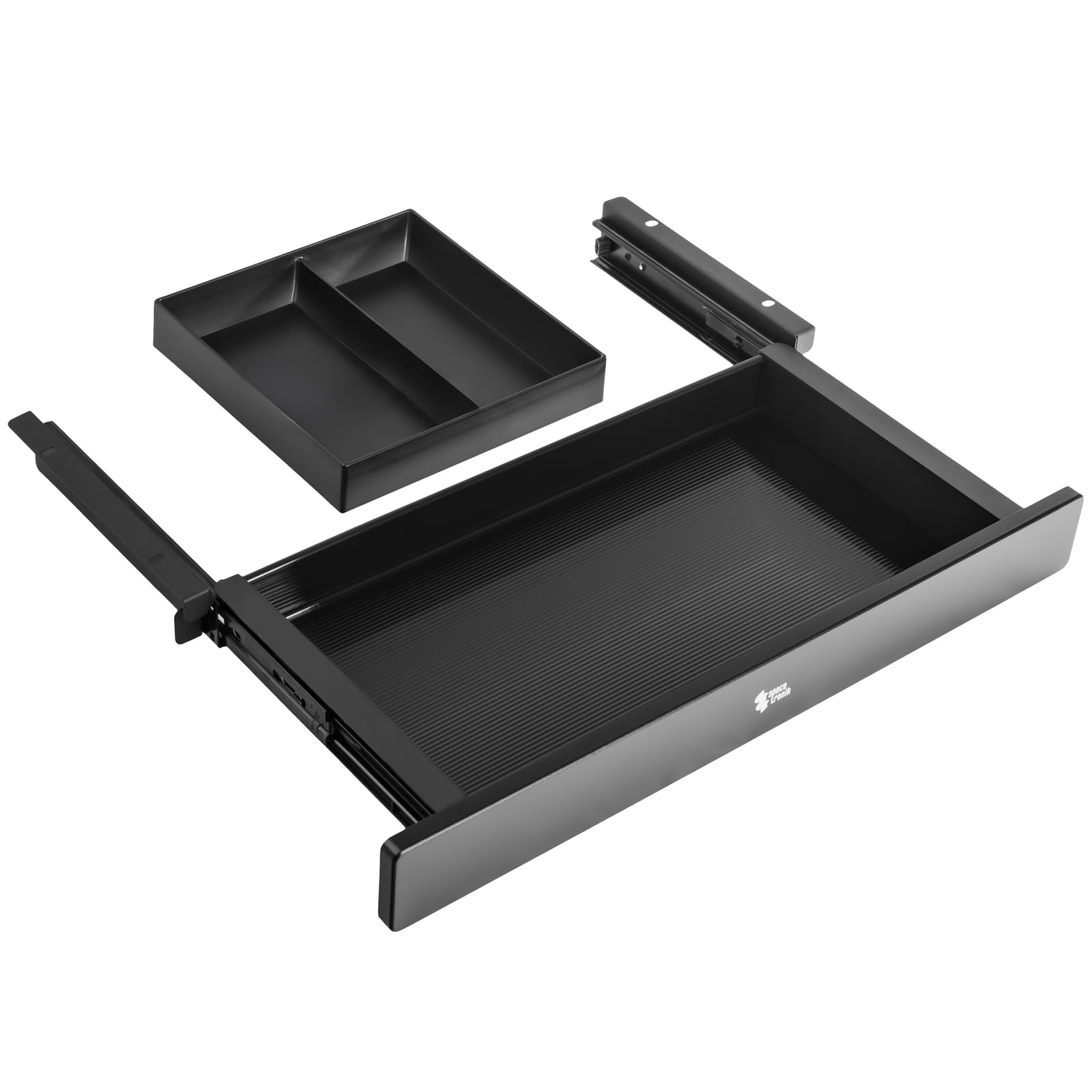 Spacetronik Schublade Unter Schreibtisch Schwarz, Unterbauschublade mit 3 Fächern, ausziehbare Schreibtischschublade mit Schienen, 560 x 335 x 47 mm, 5 kg Tragkraft, für Büro, Homeoffice