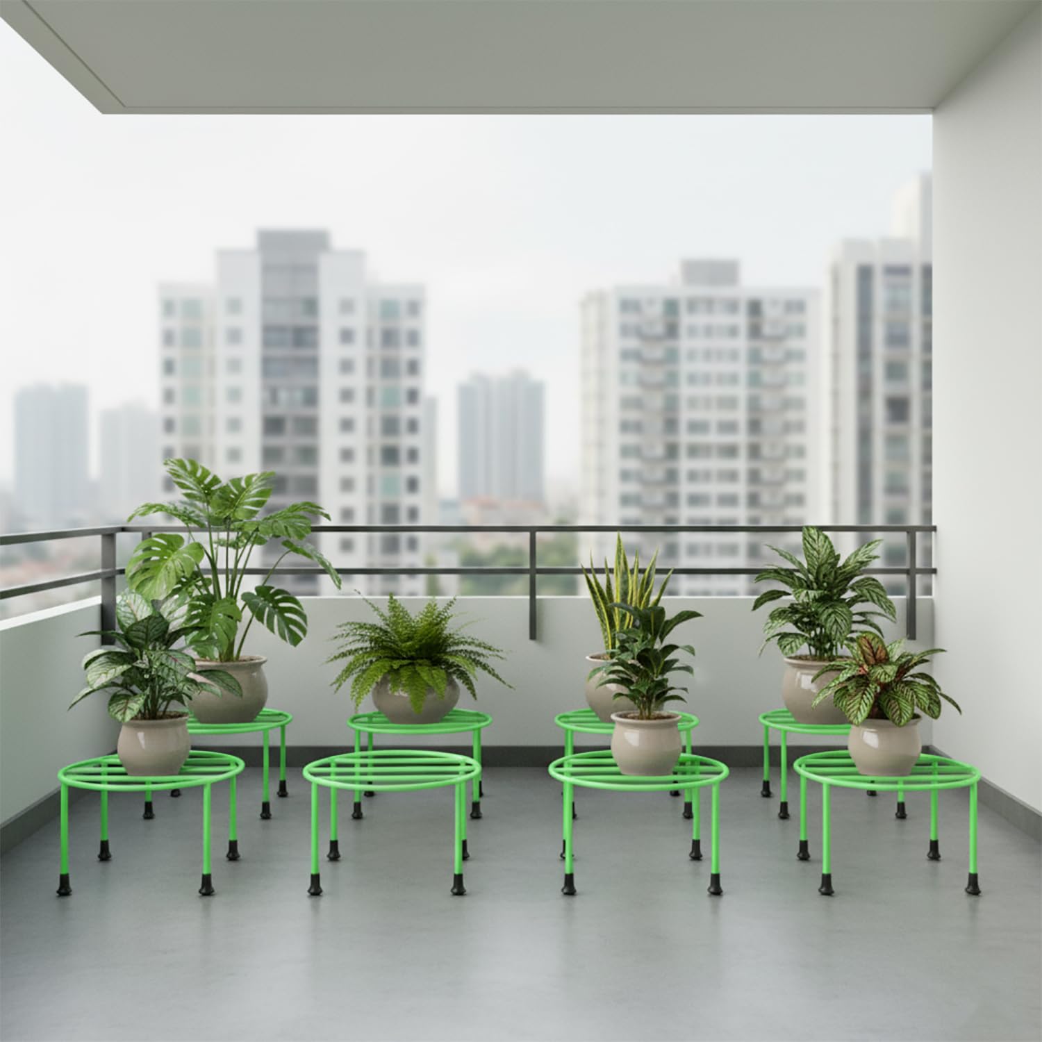 ORILEY Plant Round Stand Galvanised Metal Flower Pot Holder Gamla Support Corner Rack Outdoor Display Shelf for Home Garden Balcony Decoration - (Pack of 8, Green)