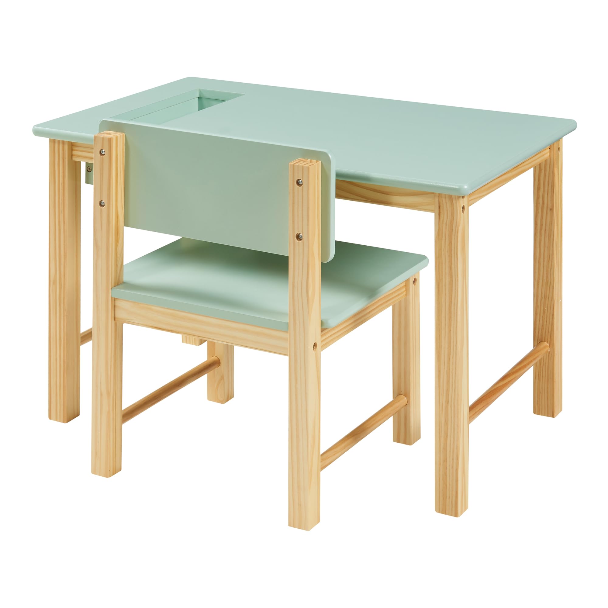 [en.casa] Set Mobili per Cameretta Tavolo e Sedia per Bambini Scrivania con Contenitore Integrato Arredo a Misura di Bimbi per Gioco Disegno Studio - Legno Naturale/Menta Verde