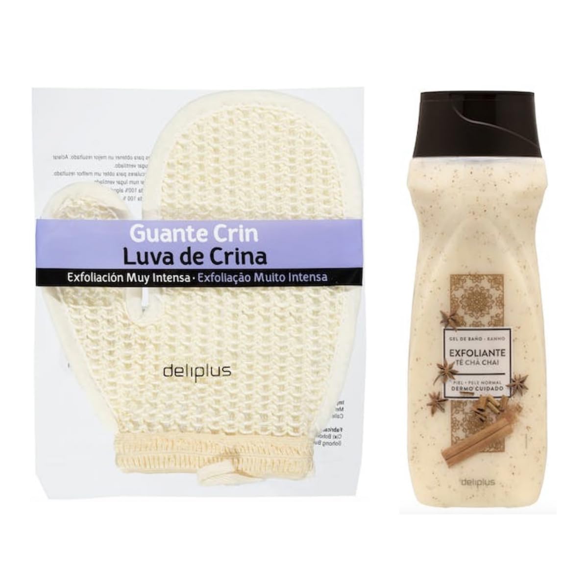 Gel de baño exfoliante 500 ml. Té Chai piel normal y Guante de Crin. (1 Paquete de 2 Unidades).Deliplus