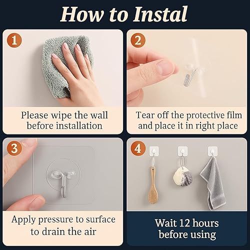 Miniatura 2 de Ganchos de pared adhesivos resistentes, acero inoxidable transparente, paquete de 12 – carga máxima de 24 libras, ganchos reutilizables impermeables