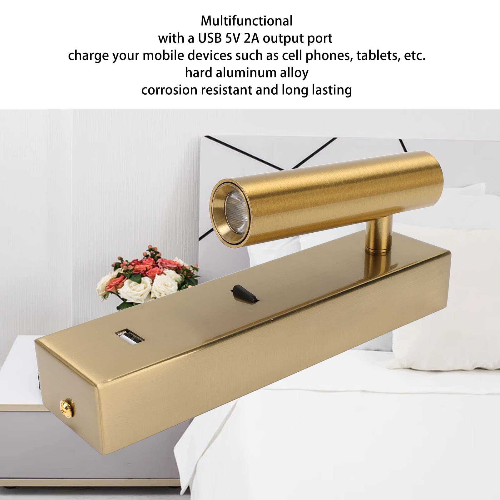 Aramox Luz de Lectura LED Montada en la Pared Lámpara de Pared LED de Aleación de Aluminio con Cabezal Ajustable de 350 Grados y 90 Grados Puerto USB 5V 2A para Dormitorio Junto a la Cama del Hotel