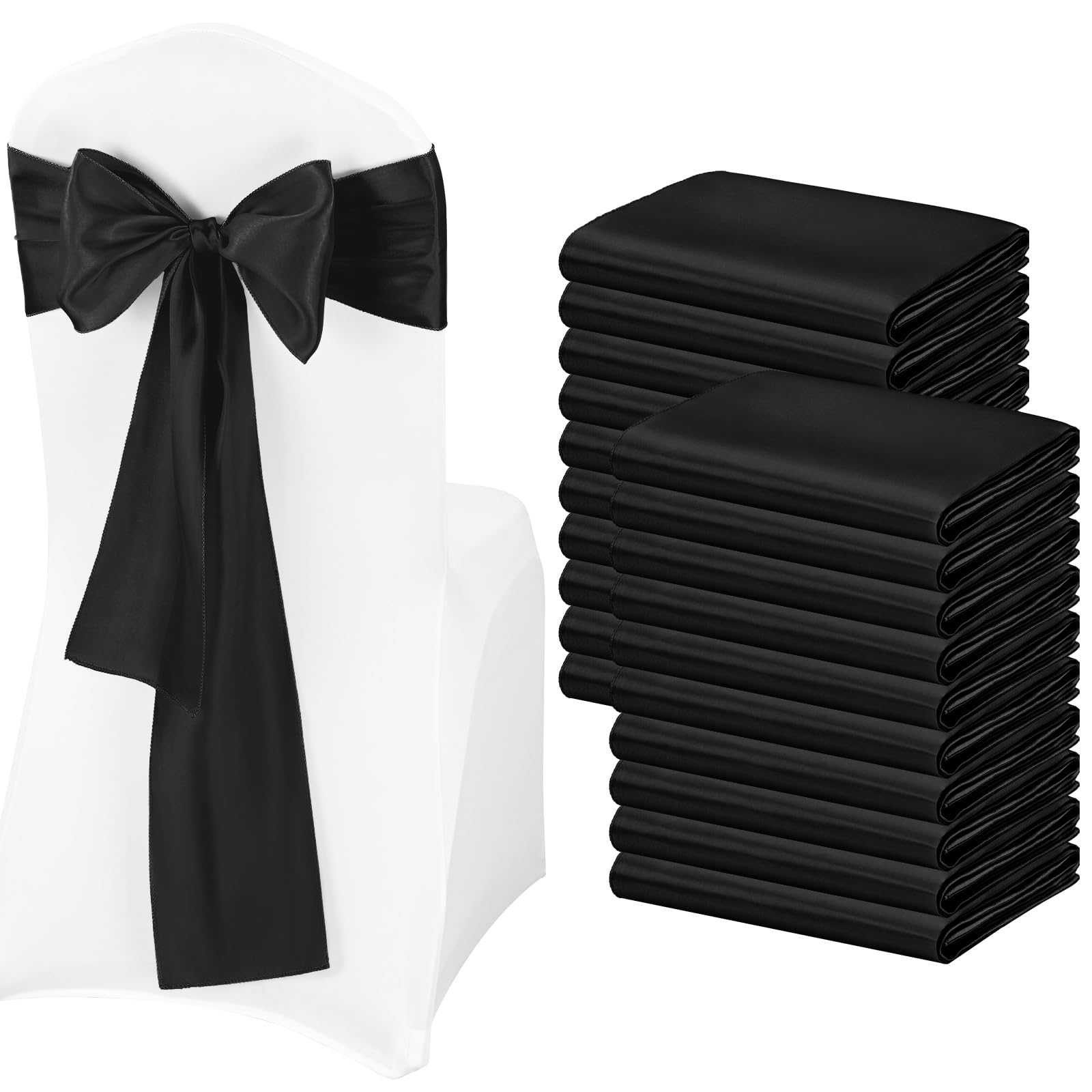 Pesonlook 50Pcs Satin Chair Sashes Ties, Black Satin Chair Sashes Bows Chair Cover Back Tie Supplies for Wedding Reception Events Banquets Party,