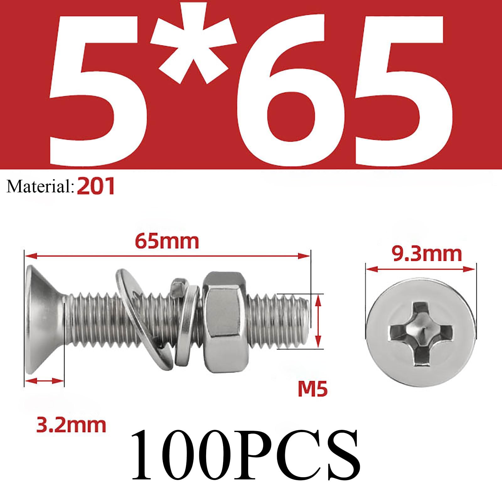 COYOUCO 100PCS M5X60 / 65/70 / 80/90 / 100Mm Tornillo de máquina de Cabeza Plana Cruz Empotrado roscado avellanado Tuercas de Tornillo Arandela de Seguridad plana201Acero Inoxidable,M5*65 100