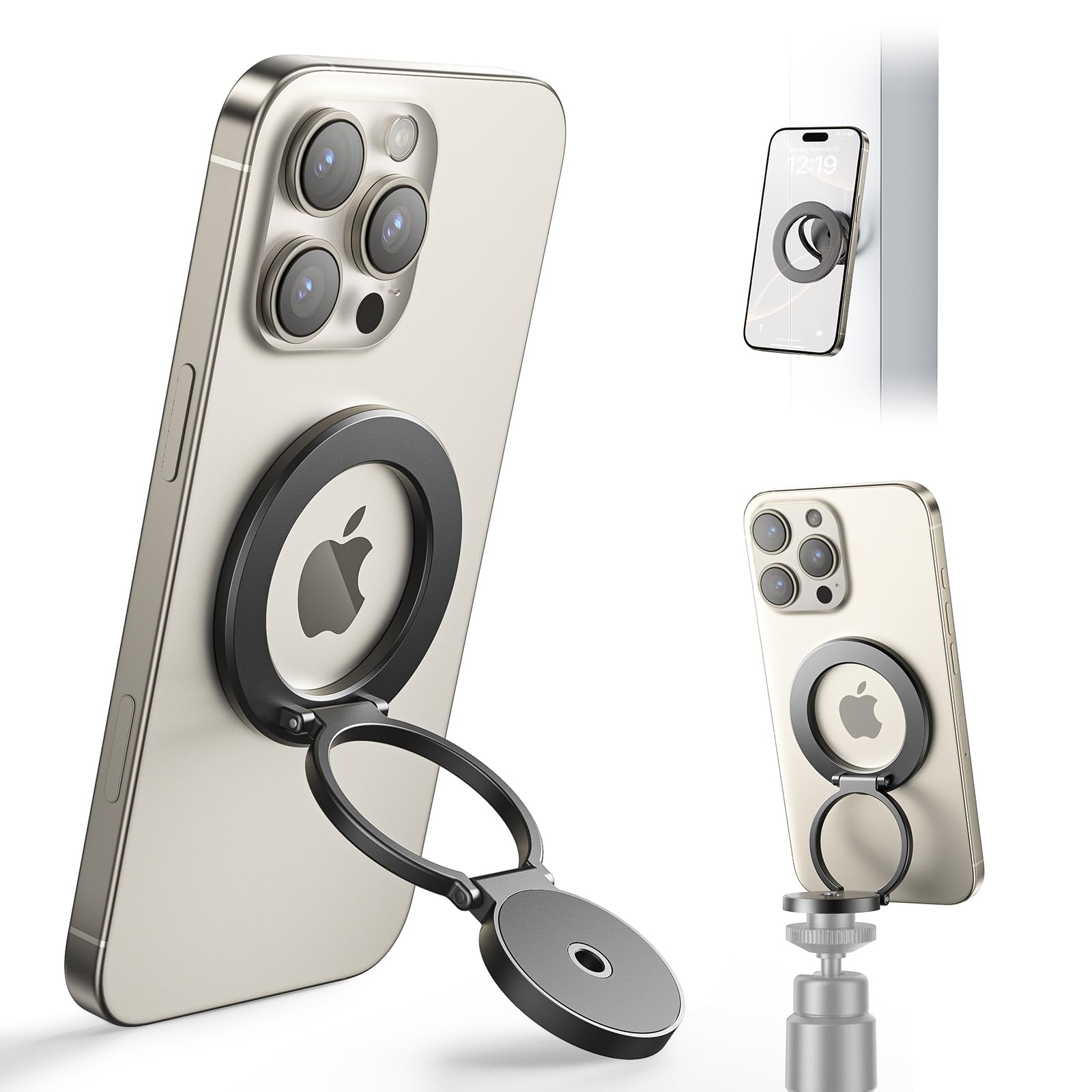 SUPERONE Dual Magnetic Phone Ring Holder, 1/4" Screw Tripod Mount Adapter, Magsafe Holder with Screw Hole Attach iPhone to Iron Object, MagSafe Phone