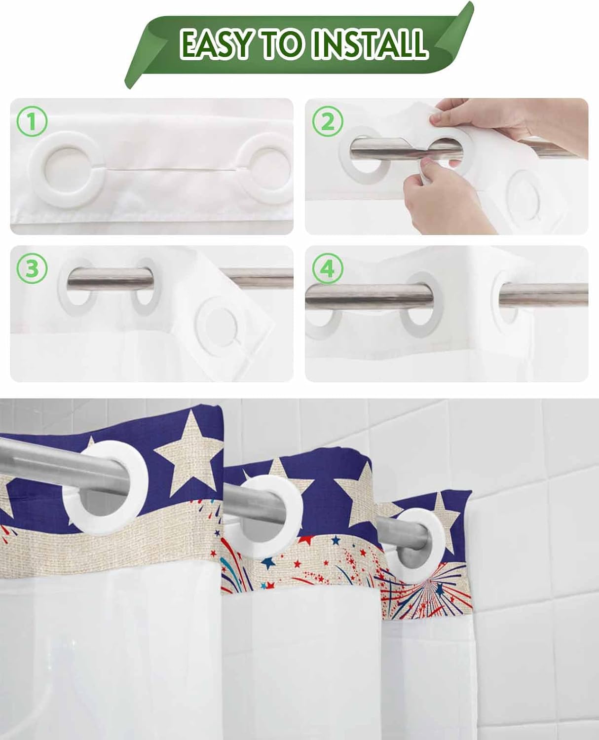 No Hook Shower Curtain with Snap in Liner, Memorial Day Flower Patriotic Flag Waterproof Bath Curtain Double Layers with See Through Top Window, Star and Stripe on Burlap Hotel Shower Curtains