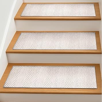 Well Woven HAR-142 Pompeii Ivory Stair Tread Rug Set for Wooden Steps Set of 4 Indoor Stair Rugs 31x9, Easy Installation, Pet Friendly, Stain Resistant