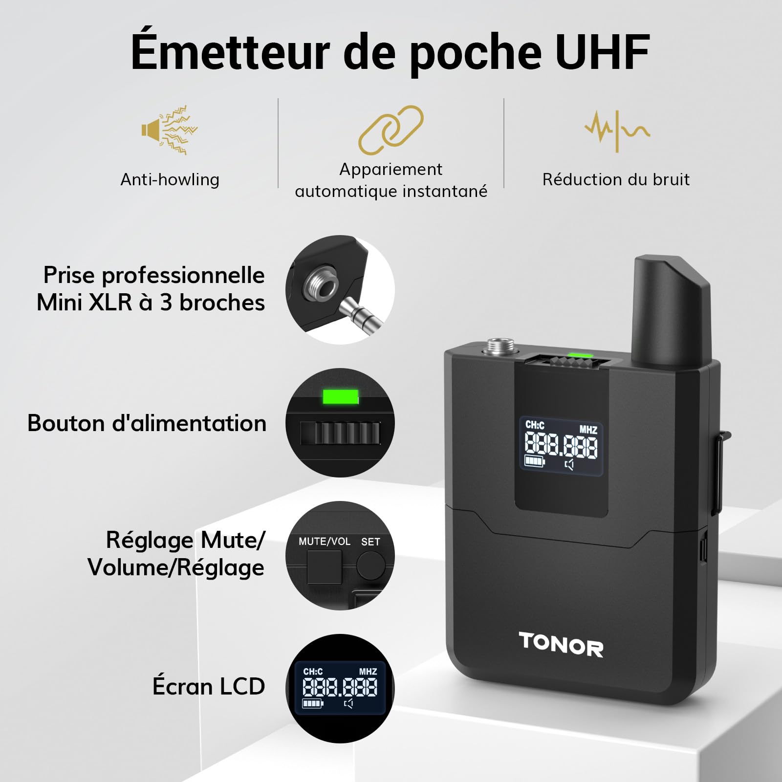 TONOR Système de Micro sans Fil avec 4 Émetteurs de Poche, 4x5 Fréquences, Portée 60m, TW364