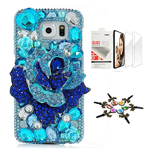 STENES Sparkle Case Compatible with Samsung Galaxy S23 Plus Case - Stylish - 3D Handmade Bling Big Rose Flowers Design Cover Case with Screen Protector [2 Pack] - Blue