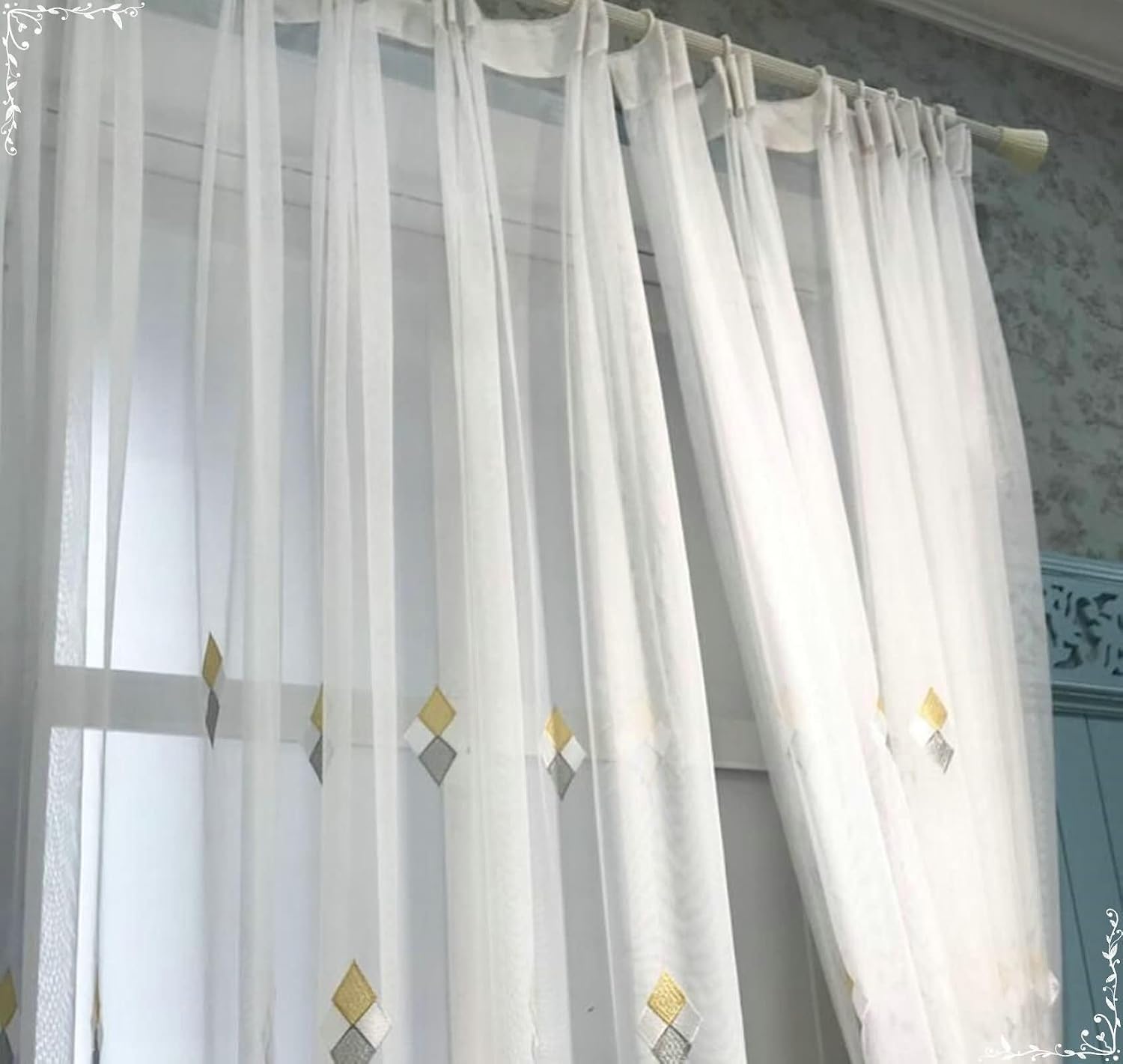 Daesar Sheer Curtains for Bedroom 2 Panels Set 54 Inch Length, Hooks Transparent Curtains Embroidered Rhombus Geometric Pattern Window Voile Curtains for Living Room, 52x54 Inch Grey Yellow