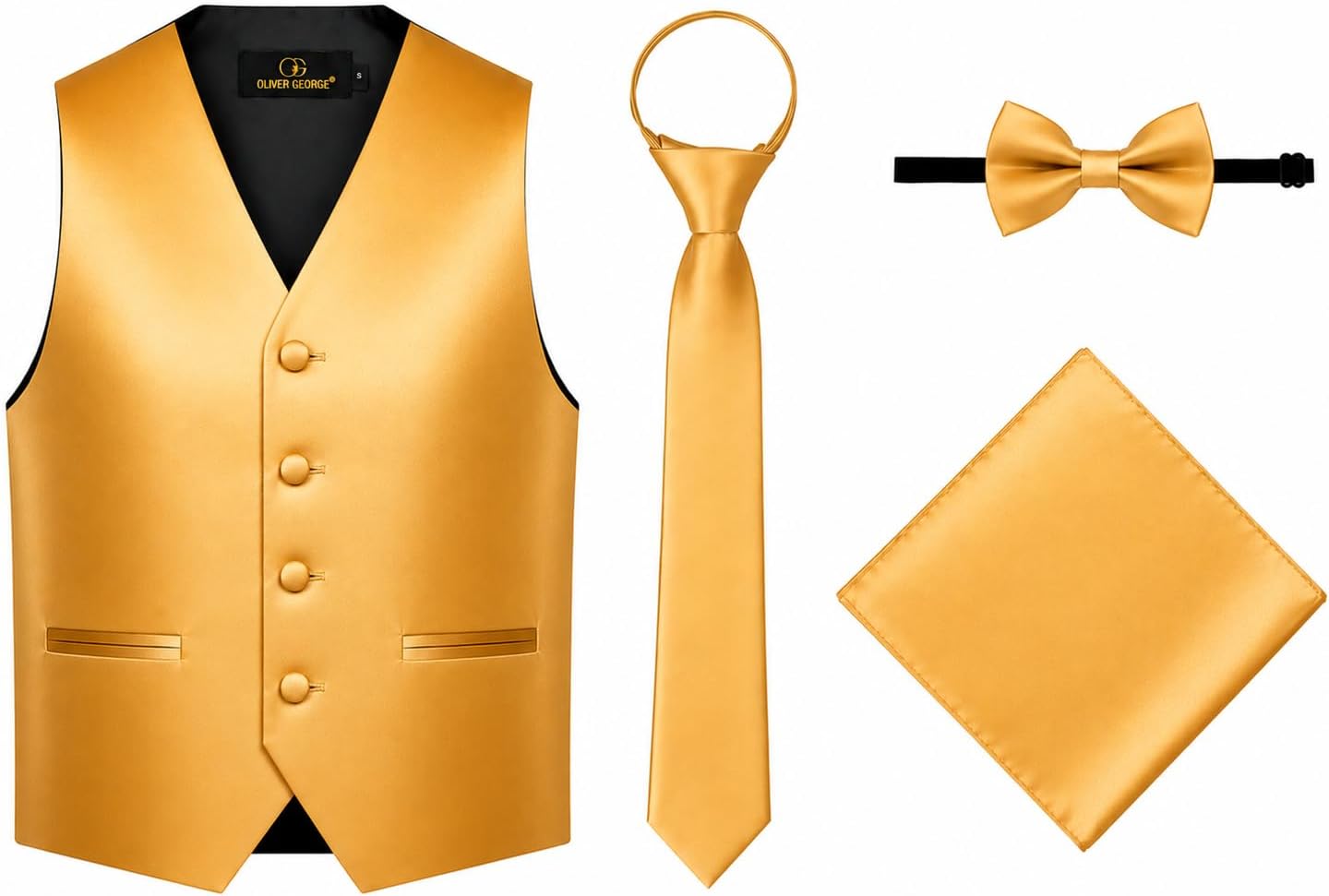 Oliver George Boy's 4-Piece Solid Formal Suit Vest Set, Zipper Tie, Clip-On Bow Tie & Pocket Square Kids Vest Set