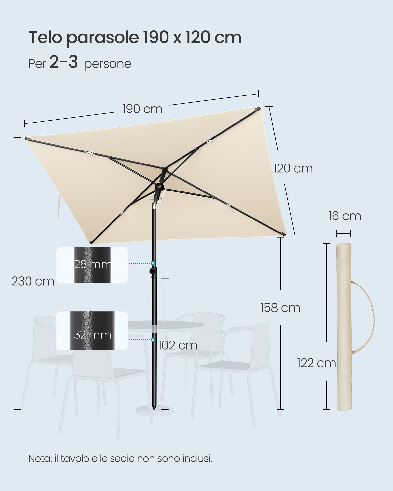 SONGMICS Ombrellone da Patio, Parasole da Esterno, Protezione UPF 50+, Tettuccio Inclinabile, Giardino Terrazza Spiaggia, Borsa per il Trasporto, Base Non Inclusa