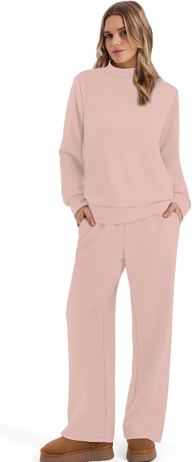 Sampeel Lounge Sets for Women Two Piece Outfits Casual Travel 2 Piece Sweatsuits Tracksuit Set Womens Fall Fashion 2025 Sweatpants Winter Clothing Mock Neck Sweat Set Loungewear Matching Sets Pink XS - Image 4