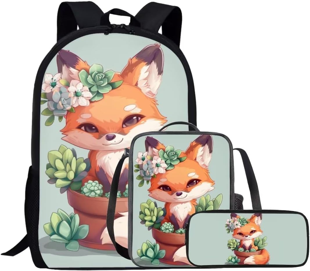 Beauty Collector Forest Fox Backpack and Lunch Bag Set for Kids Elementary School Bookbag Set with Lunch Box and Pencil Case