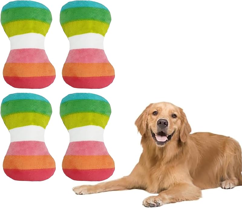 4 piezas adorable colorido perro de peluche de juguete vocal, arco iris perro forma de hueso suministros para mascotas juguete para masticar para mascotas práctico atractivo y profesional perros masticar juguetes