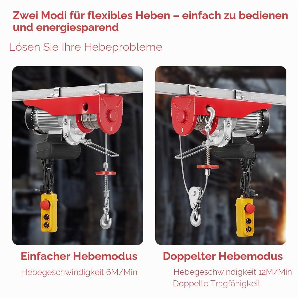 TEENO Elektrischer Seilzug 1000 kg 1800 W 10 m/min 220V Hubhöhe 20 m Motor