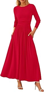 Women's 2025 Spring Casual Long Sleeve Maxi Dresses Crewneck Ruched A Line Flowy Elegant Modest Going Out Dress - Buy now