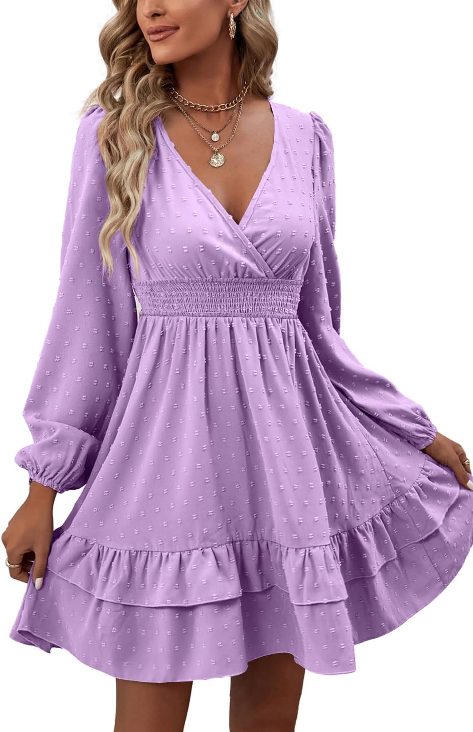 Rooscier Women's Wrap V Neck Swing Ruffle Swiss Dots Long Sleeve Mini Dress - Image 5