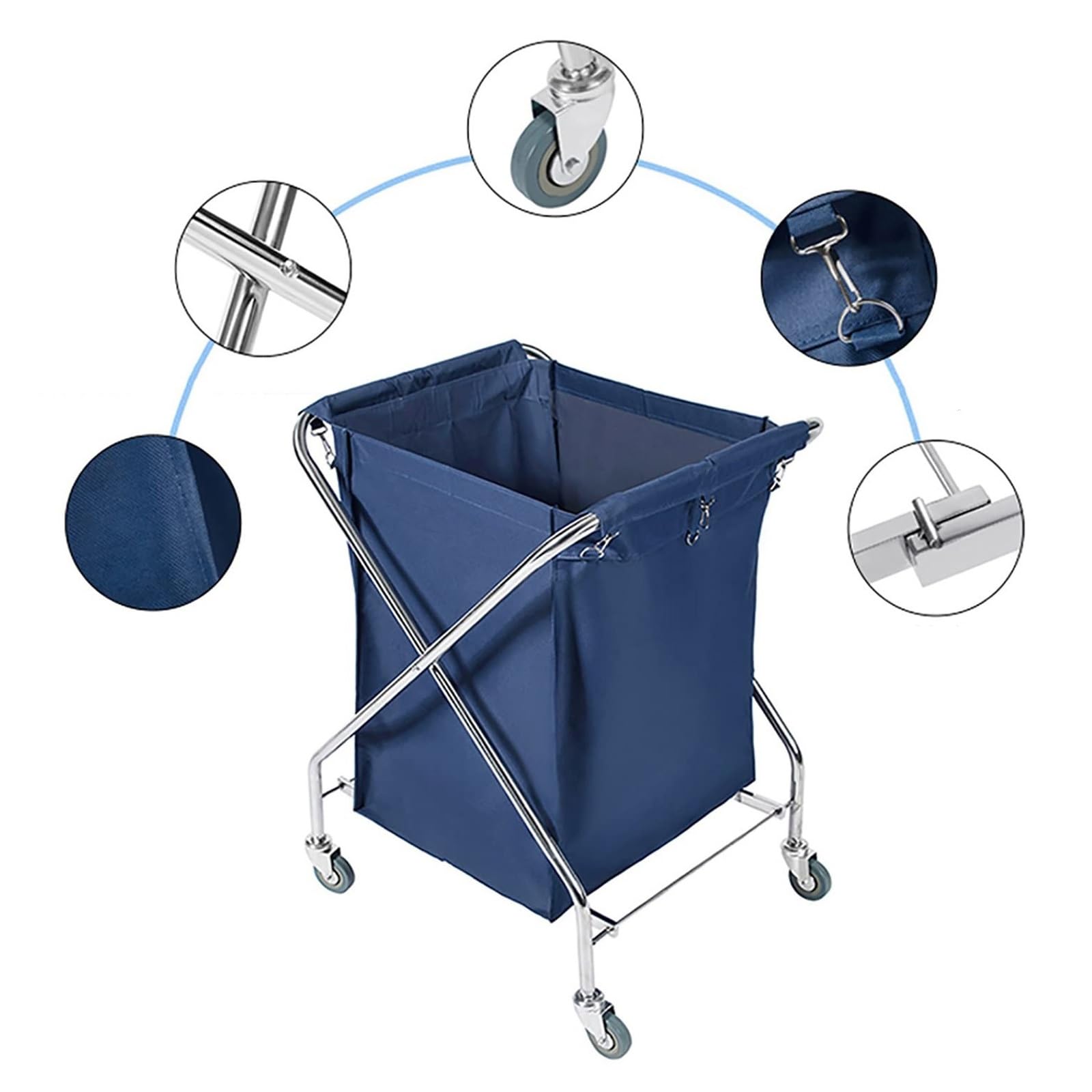 Carrito de Lavandería Plegable, Carrito Rodante para Ropa Blanca de Hotel, Carro Industrial Plegable en Forma de X con Bolsa Extraíble, para Organizar Ropa, Juguetes y Artículos Diversos(Blue)