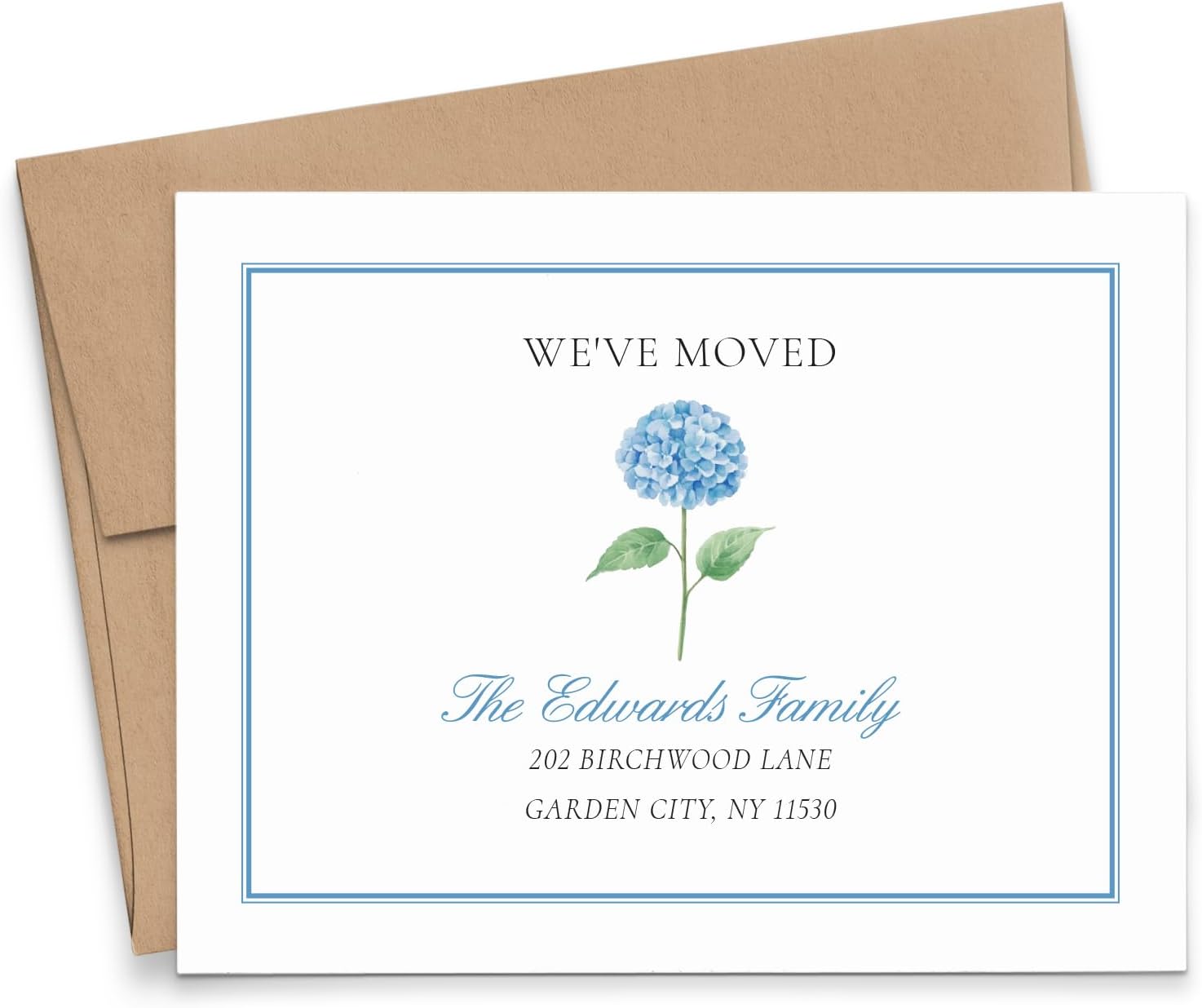 Modern Pink Paper Personalized Change of Address Notecards With Envelopes, Watercolor Blue Hydrangea Cards For Moving Announcement, We've Moved Card For New Home, Your Choice of Colors And Quantity