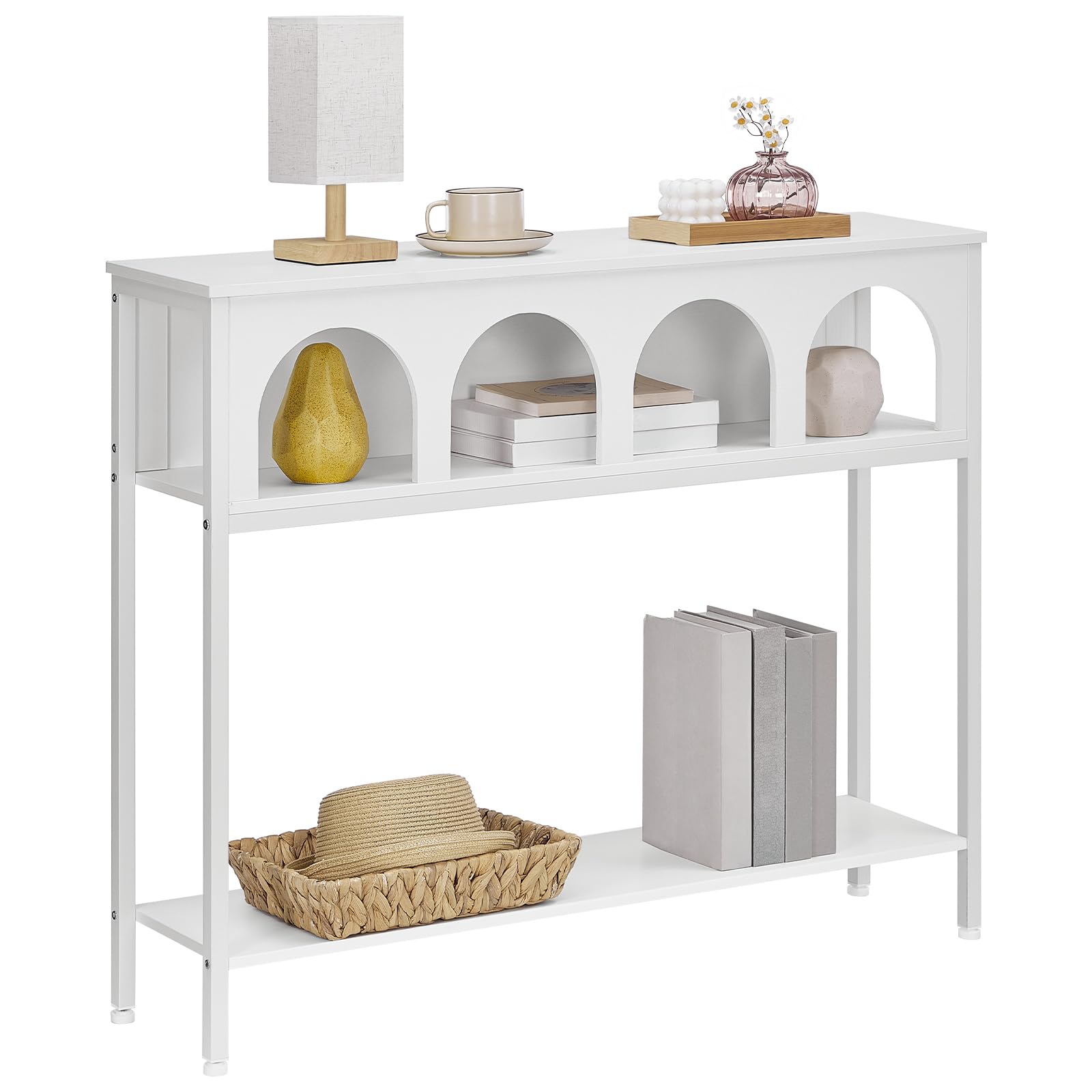 HOOBRO Schmaler Konsolentisch mit Bogendesign, Eingangstisch mit 3 Ablagen, Konsolentisch im Landhausstil, Beistelltisch, Sofatisch, Metallgestell, Flurtisch für Wohnzimmer, Flur, Weiß EWW106XG01